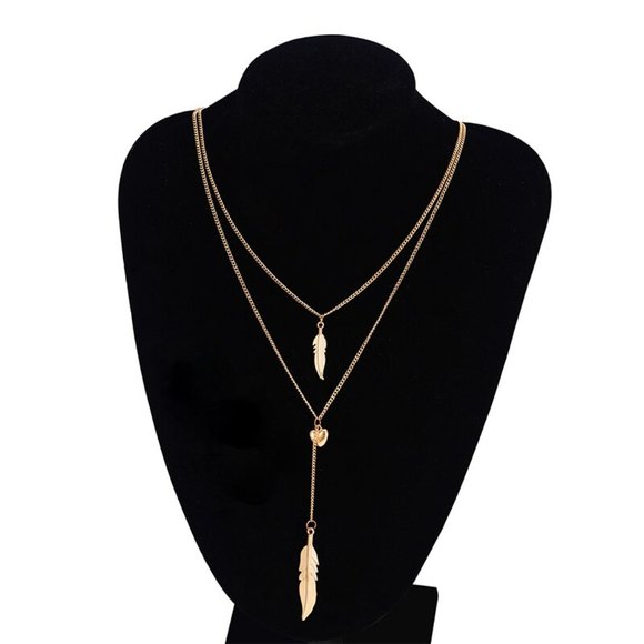 Double Necklace With Two Feather Pendants + Heart - Picture 1 of 2
